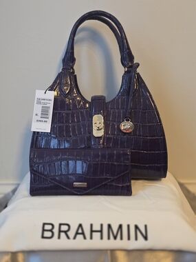 Brahmin Purple Croc-Embossed Leather Adrian Satchel with Matching Trifold Wallet